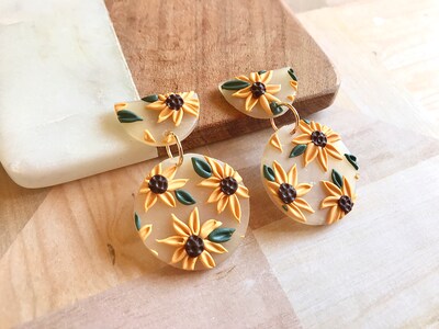 Sunflower Earrings, Polymer Clay Earrings, Summer Earrings, floral earrings, Flower Statement Earrings, Modern Earrings, Sunflower Jewelry - image2
